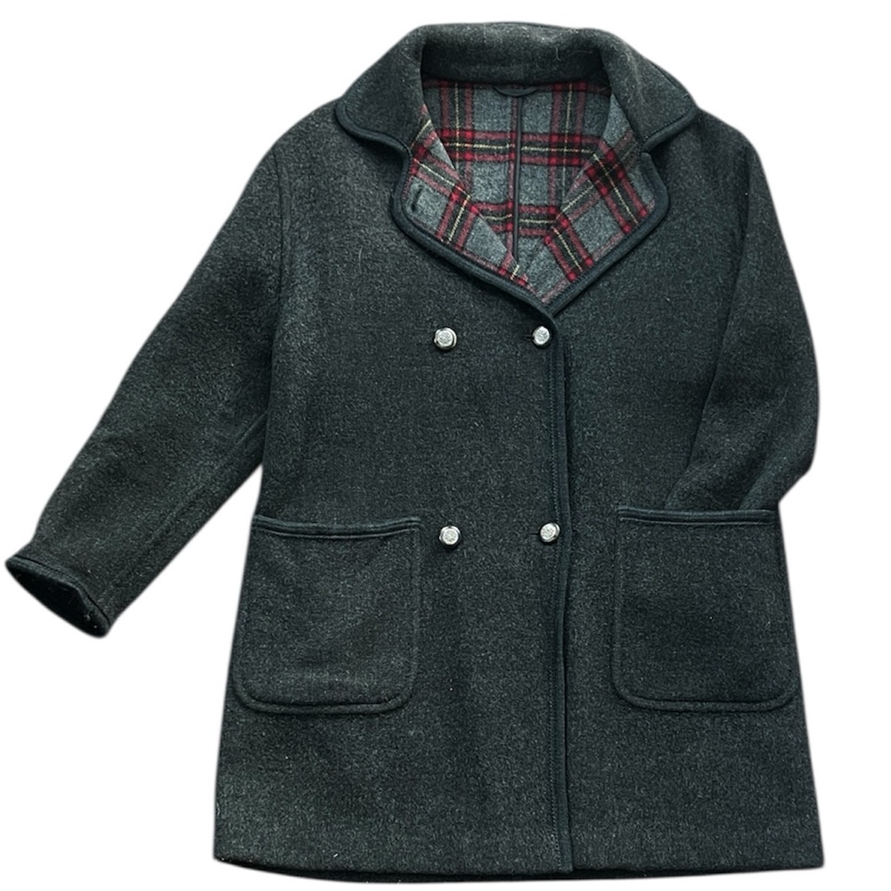 Vintage Merlet Loden Virgin Wool Coat Charcoal Grey Plaid Lining Womens Size M/L